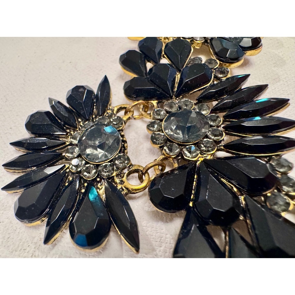 Black Floral Statement Bib Necklace Gold Tone Rhinestone Gothic Glam Runway 18" - Picture 5 of 11